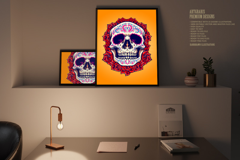 mexican-skull-logo-mascot-with-roses-illustrations