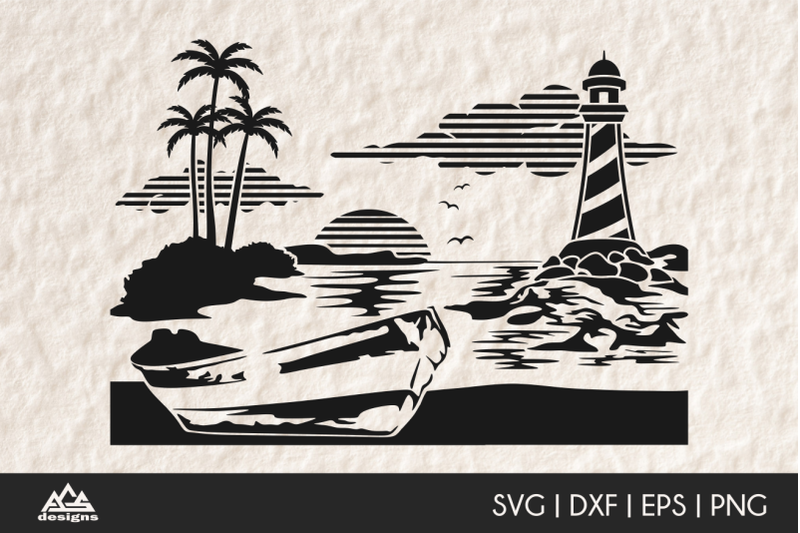 beach-boat-lighthouse-palm-tree-decals-svg-design