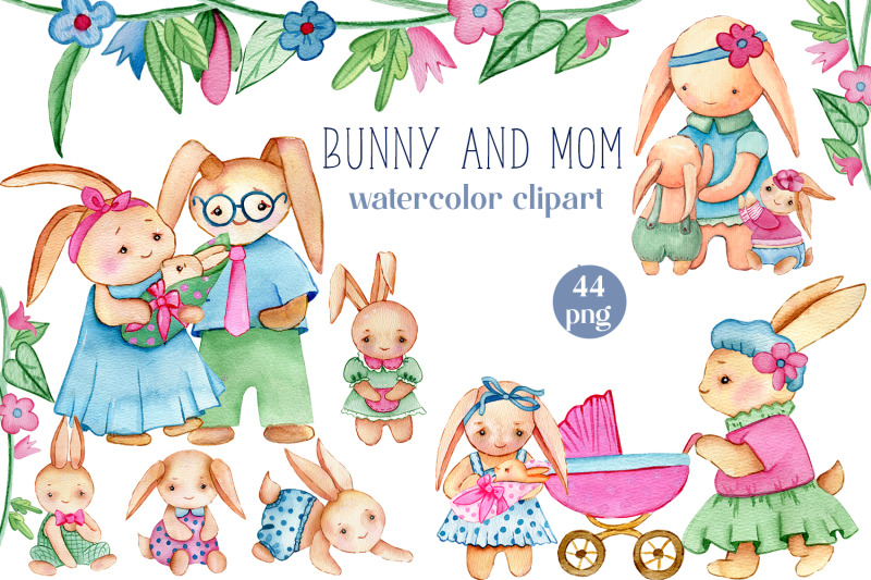 bunny-and-mom-watercolor-clipart-set