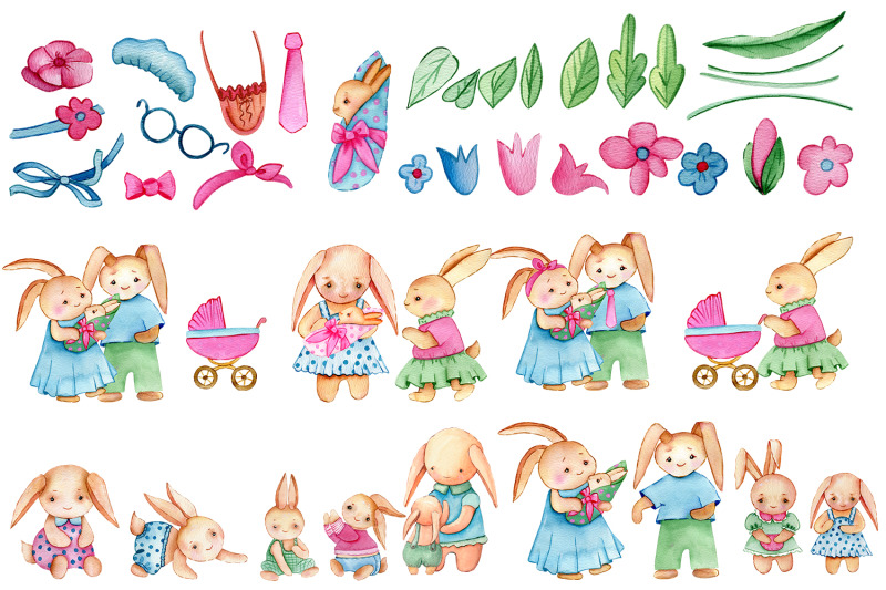 bunny-and-mom-watercolor-clipart-set