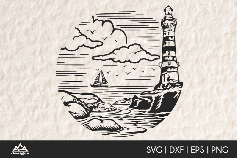seascape-beach-palm-tree-boat-lighthouse-decals-svg-design