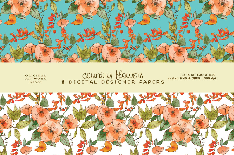 watercolor-country-flowers-seamless-pattern-set