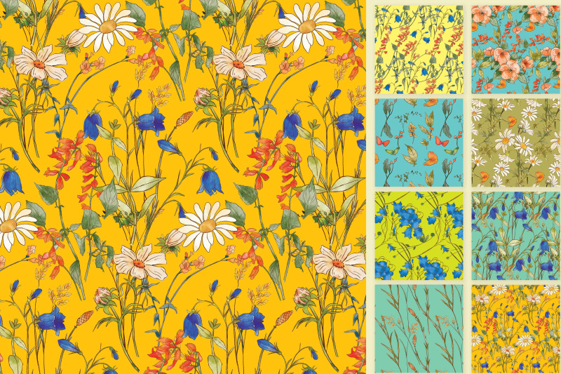 watercolor-country-flowers-seamless-pattern-set