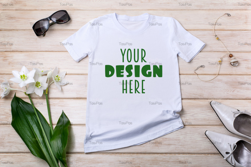 women-white-t-shirt-mockup-with-lily-flowers-green-leaves