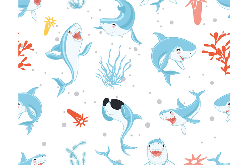 cute-sharks-pattern-funny-cartoon-shark-seaweed-print-sea-wildlife