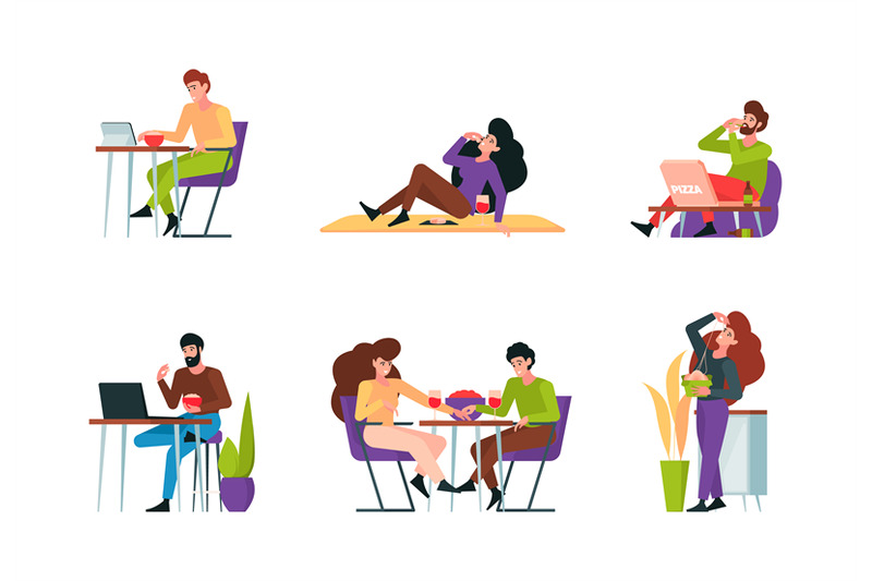 characters-eating-people-sitting-on-table-and-eating-delicious-foods