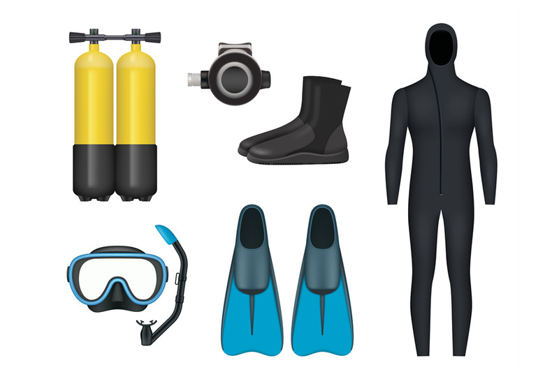 diving-set-realistic-items-for-divers-swimming-accessories-tanks-flip