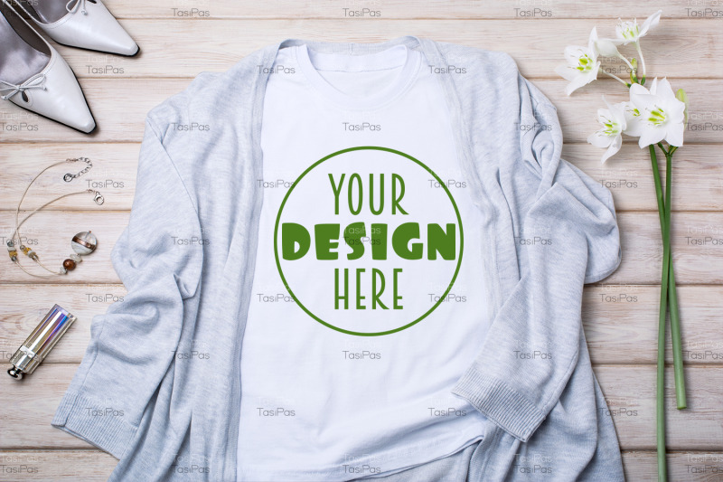 women-white-t-shirt-mockup-with-gray-cardigan-and-lily