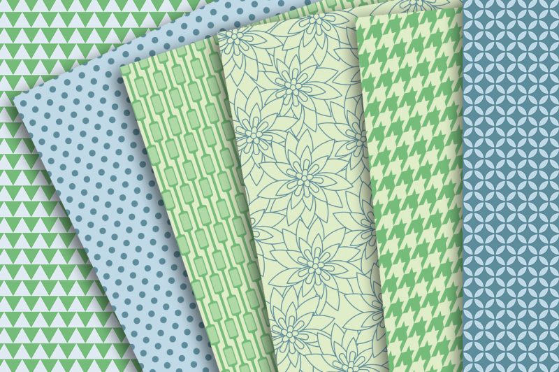 digital-papers-blue-and-green-patterns-of-houndstooth-flowers-polka-dots-triangles