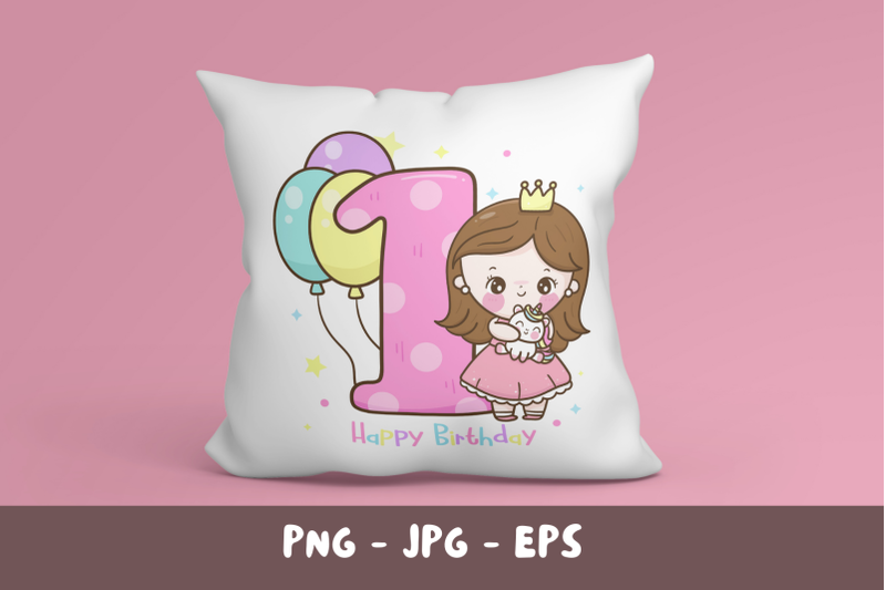happy-birthday-1-year-old-with-princess-and-unicorn-kawaii