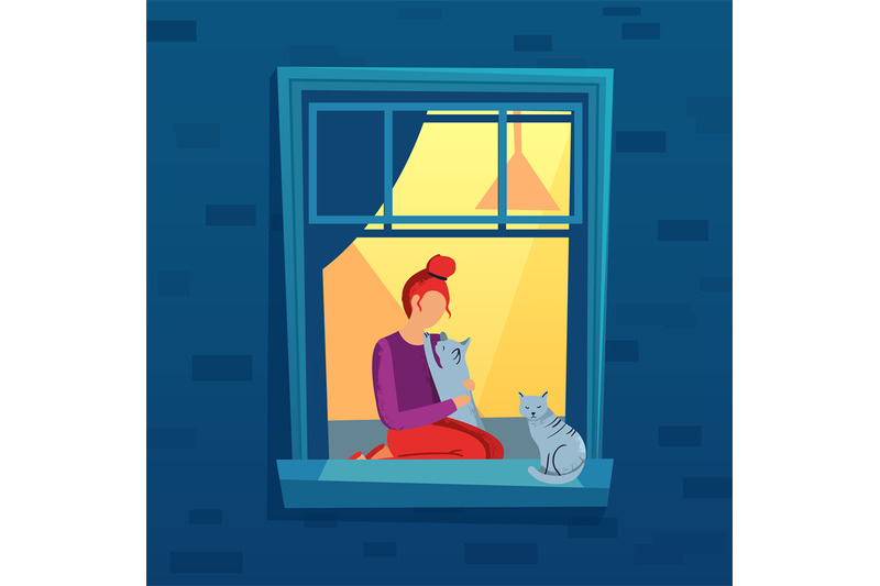 woman-sitting-on-windowsill-at-home-with-cat