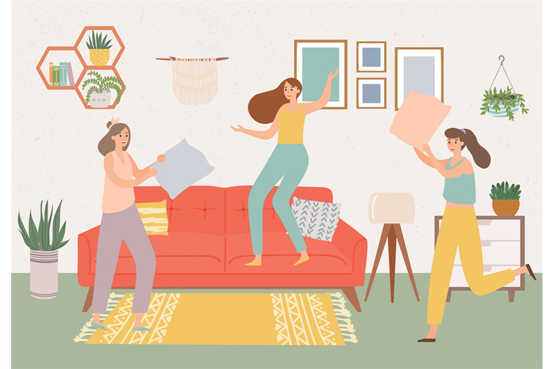 women-friends-home-party-with-pillow-fight