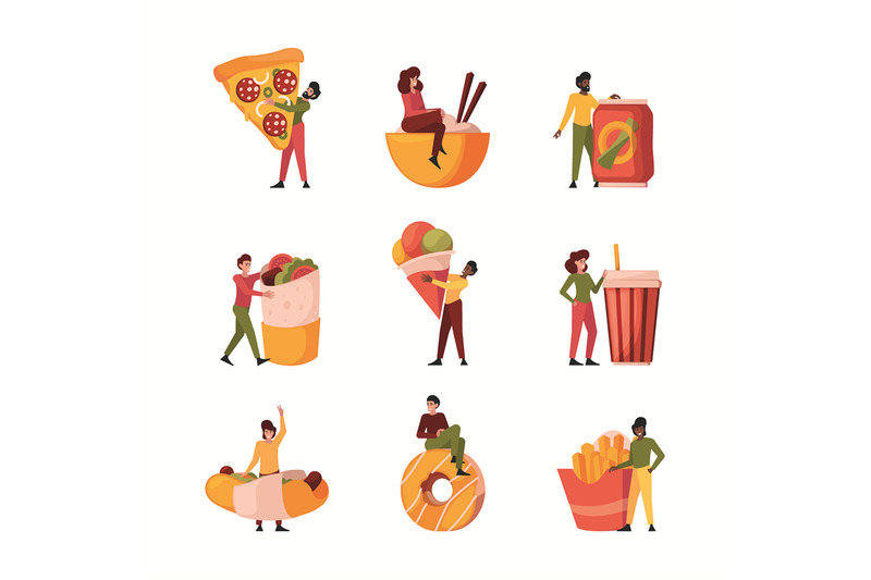 people-and-junk-food-characters-holding-big-trash-food-pizza-hotdogs