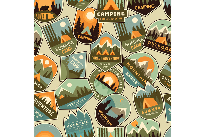 camp-badges-pattern-exploring-logo-for-scouts-outdoor-adventure-fores