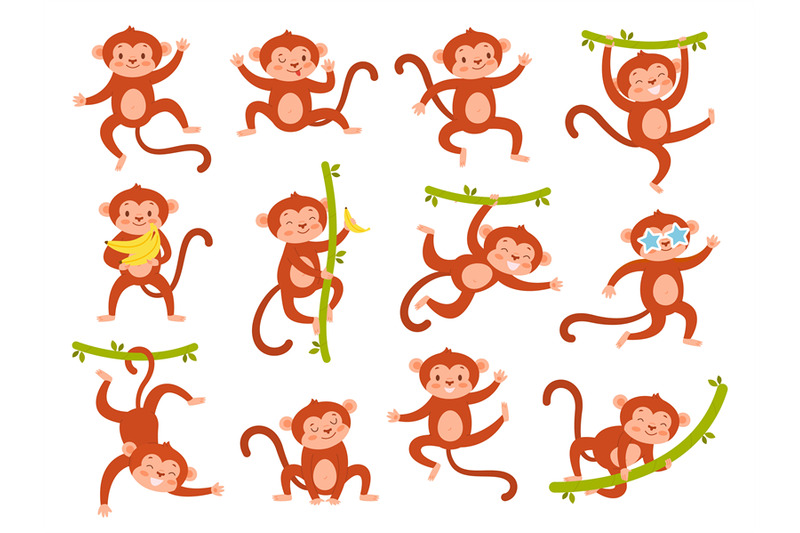 cute-monkey-character-funny-jungle-baby-animal-mascot-in-different-po