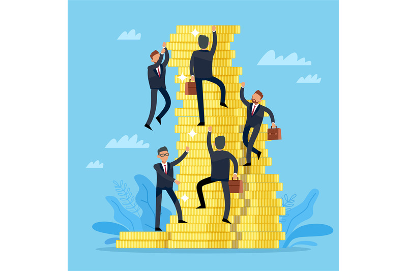 competition-to-reach-the-top-businessmen-climbing-on-golden-coins-sta