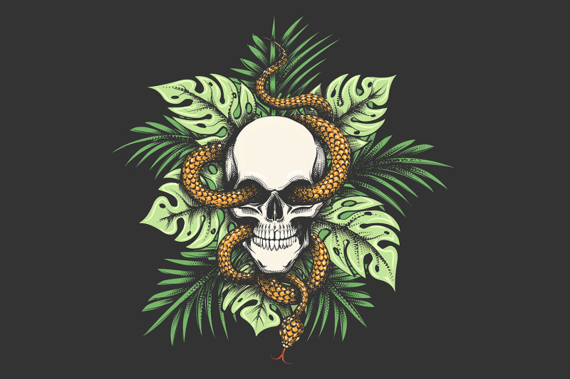 skull-and-snake-on-jungle-leaves-black-background