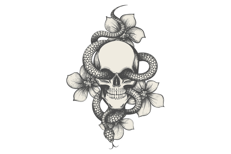 skull-with-snake-and-flowers-tattoo-isolated-on-white