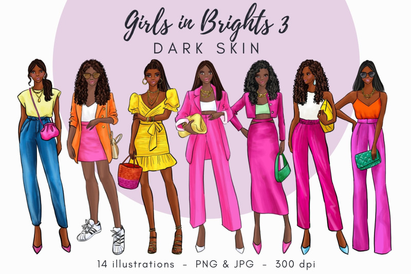 girls-in-brights-3-dark-skin-watercolor-fashion-clipart