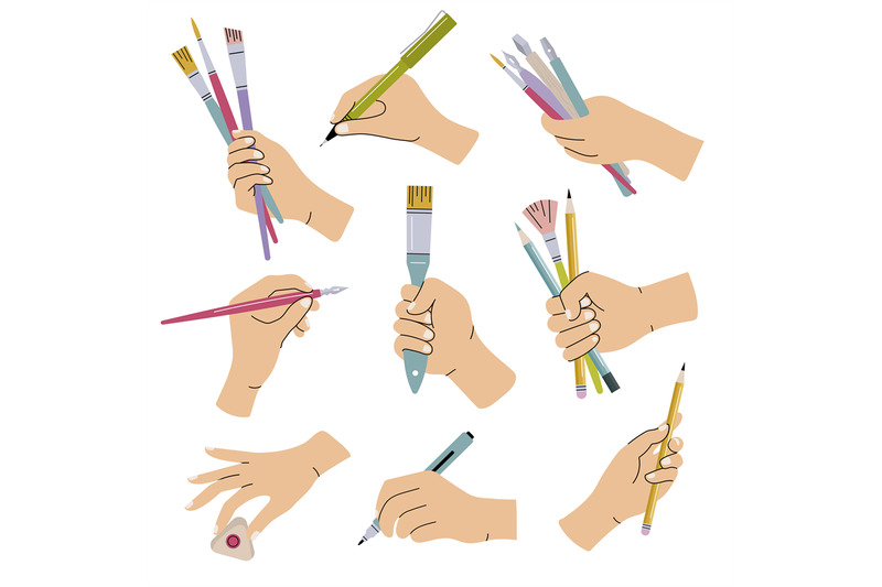 stationary-in-hands-people-holding-brushes-pencils-lettering-calligra