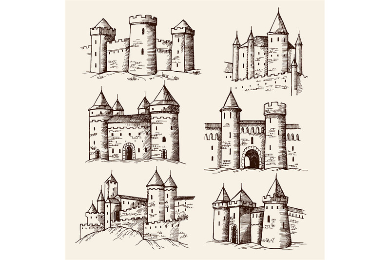medieval-castles-drawing-ancient-building-towers-gothic-architectural