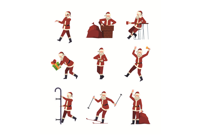funny-santa-christmas-fairy-tale-character-in-action-poses-holding-gi