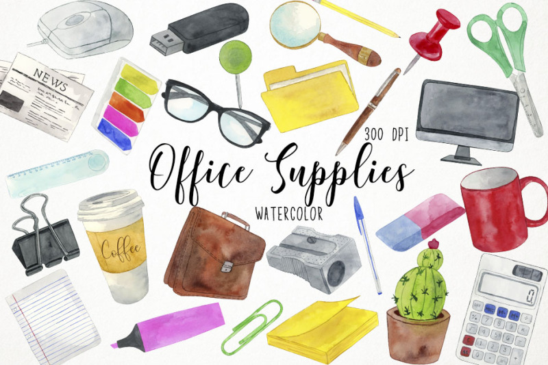 watercolor-office-supplies-clipart-work-clipart-secretary-clipart