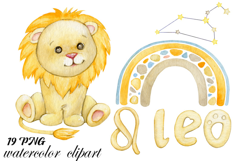 lion-zodiac-sign-watercolor-clipart-set-of-png-elements-cartoon-sty