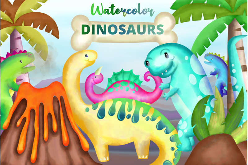 watercolor-dinosaur-clipart-set