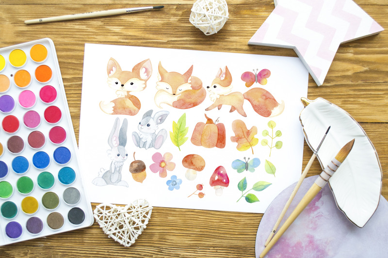 watercolor-cute-fox-and-rabbit