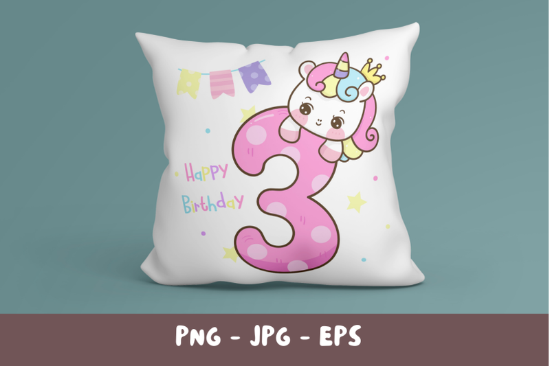happy-birthday-3-years-old-with-unicorn-kawaii-clipart-cute