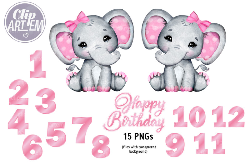 cute-pink-girl-elephant-12-month-numbers-15-png-set