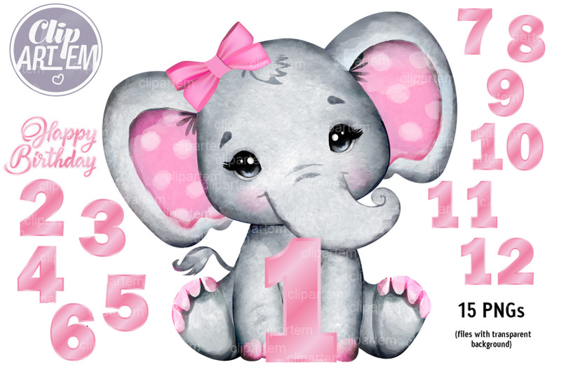 cute-pink-girl-elephant-12-month-numbers-15-png-set