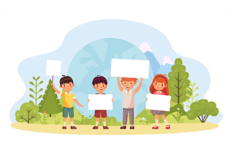 kids-with-save-planet-banners-in-green-forest