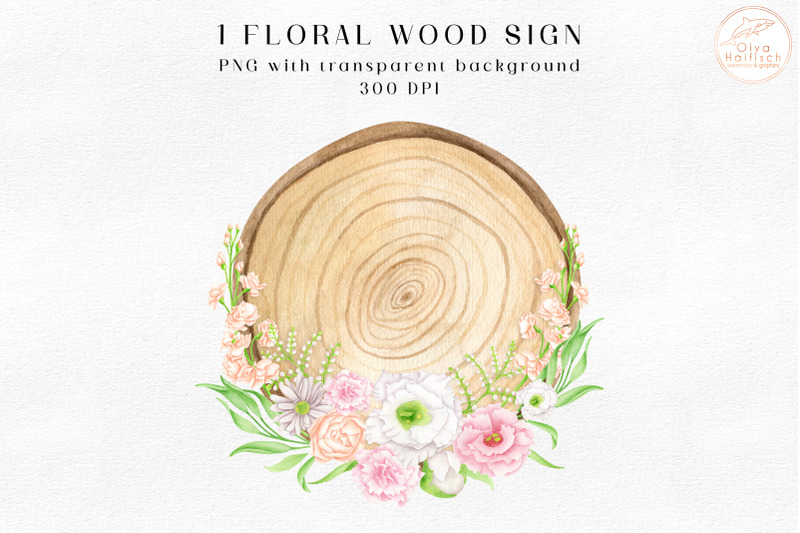 watercolor-floral-wood-sign-clipart-wooden-slice-with-flowers-png