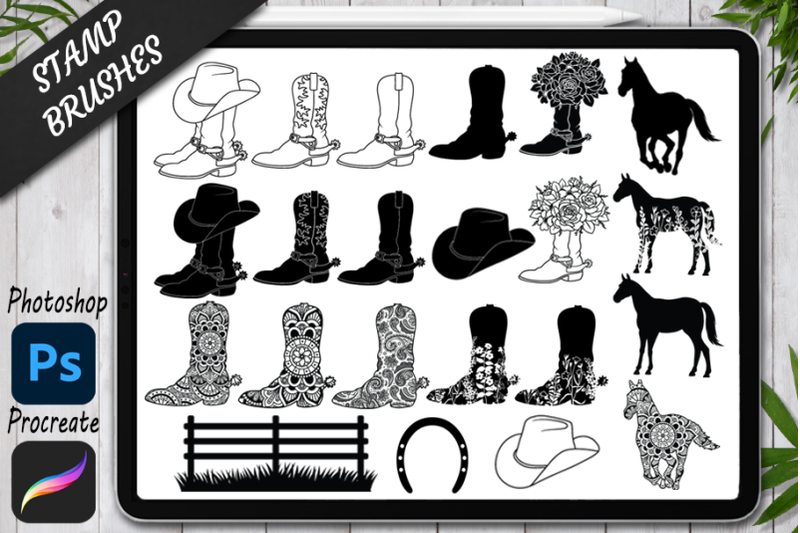 cowboy-boot-stamps-brushes-for-procreate-and-photoshop-western-set