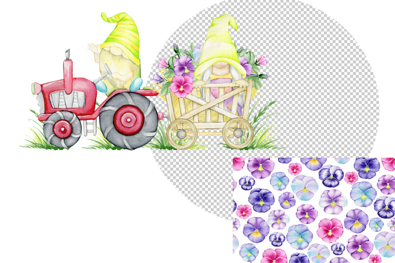 gnomes-clipart-watercolor-spring-digital-paper-garden-spring-pansie