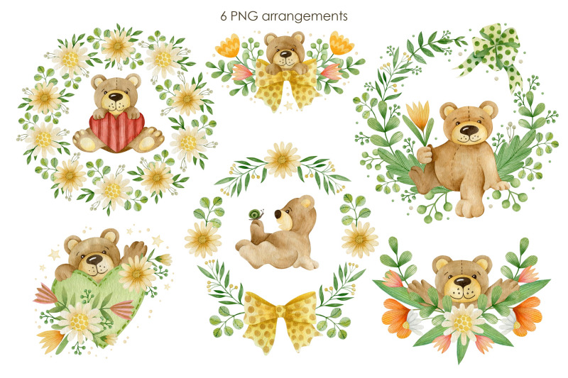 watercolor-bear-collection-wreath-floral-bouquets-arrangement