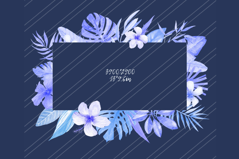blue-tropical-leaves-frame-bundle-exotic-flowers-png-wreath-clipart