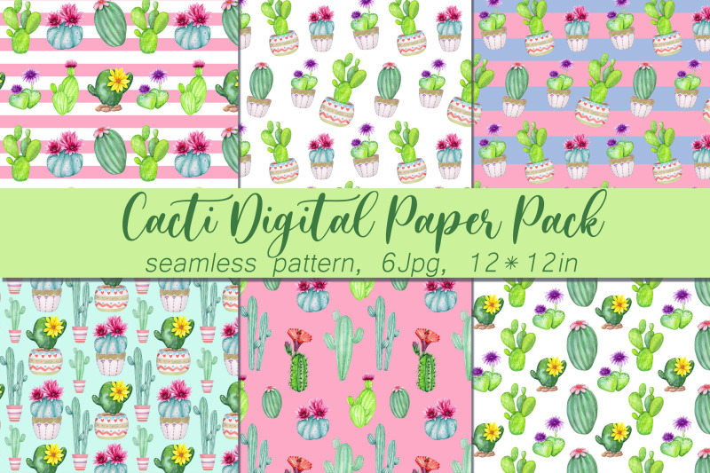 watercolor-cacti-digital-paper-cactus-seamless-pattern