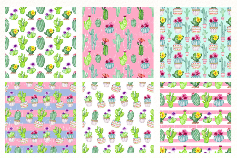 watercolor-cacti-digital-paper-cactus-seamless-pattern