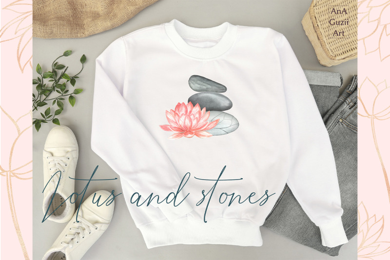 lotus-flowers-and-stones-watercolor-flower-illustration