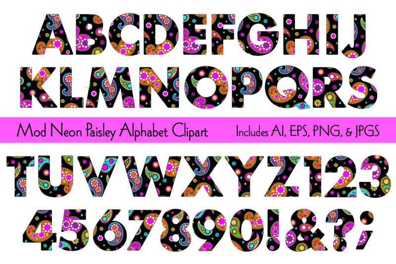 mod-neon-paisley-alphabet-clipart