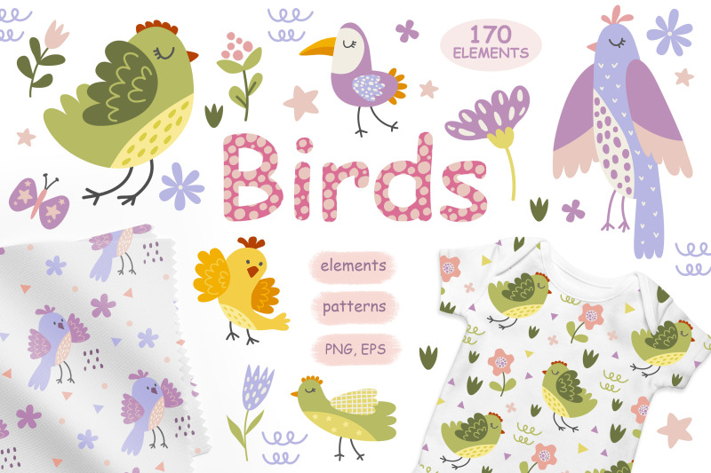 cute-birds-and-flowers-collection-vector-illustration