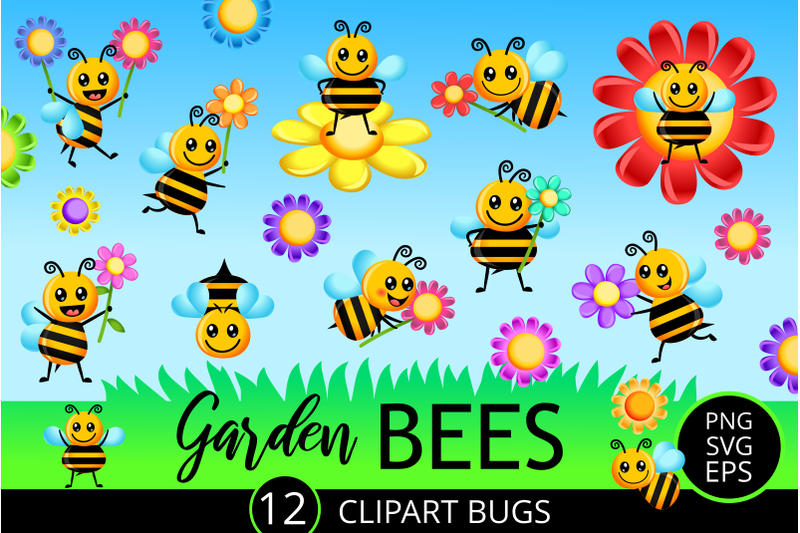 cartoon-garden-bees-spring-vector-clipart-set