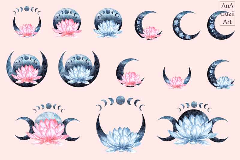 watercolor-lotus-flowers-moon-clipart