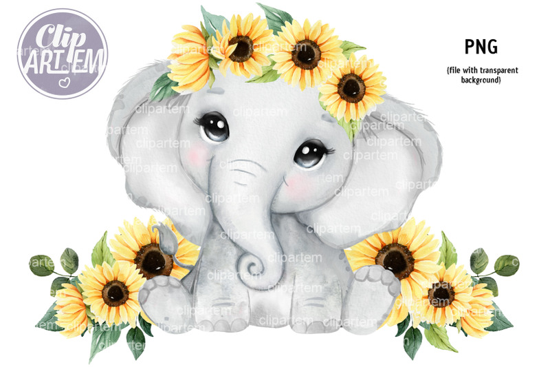 sunflower-elephant-baby-girl-watercolor-rustic-png-image