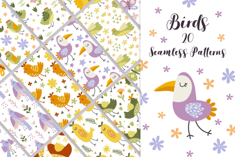 birds-and-flowers-seamless-patterns-vector-background