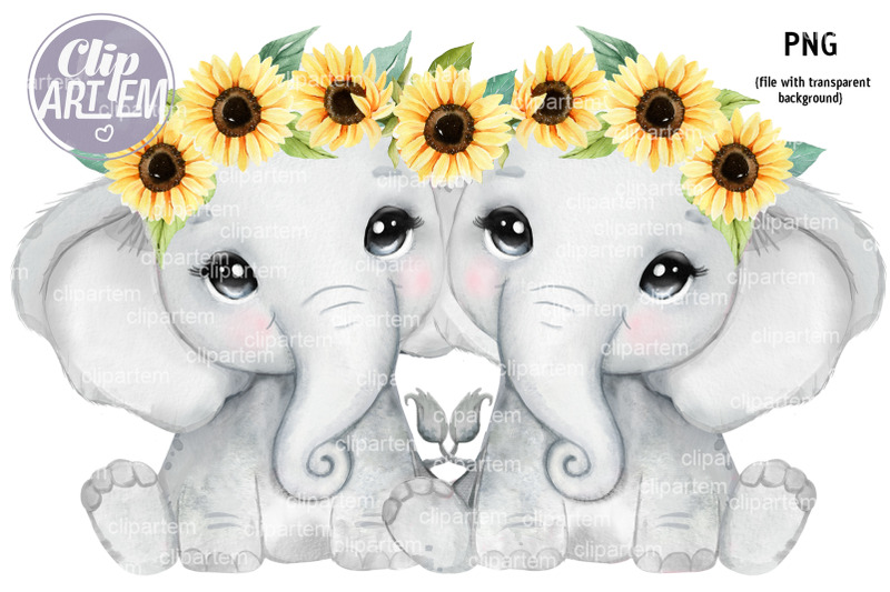 sweet-twins-elephants-yellow-sunflower-watercolor-png-image