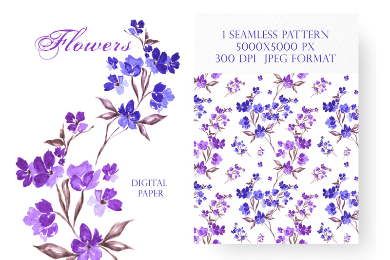 purple-blue-flowers-digital-paper-watercolor-flowers-seamless-pattern